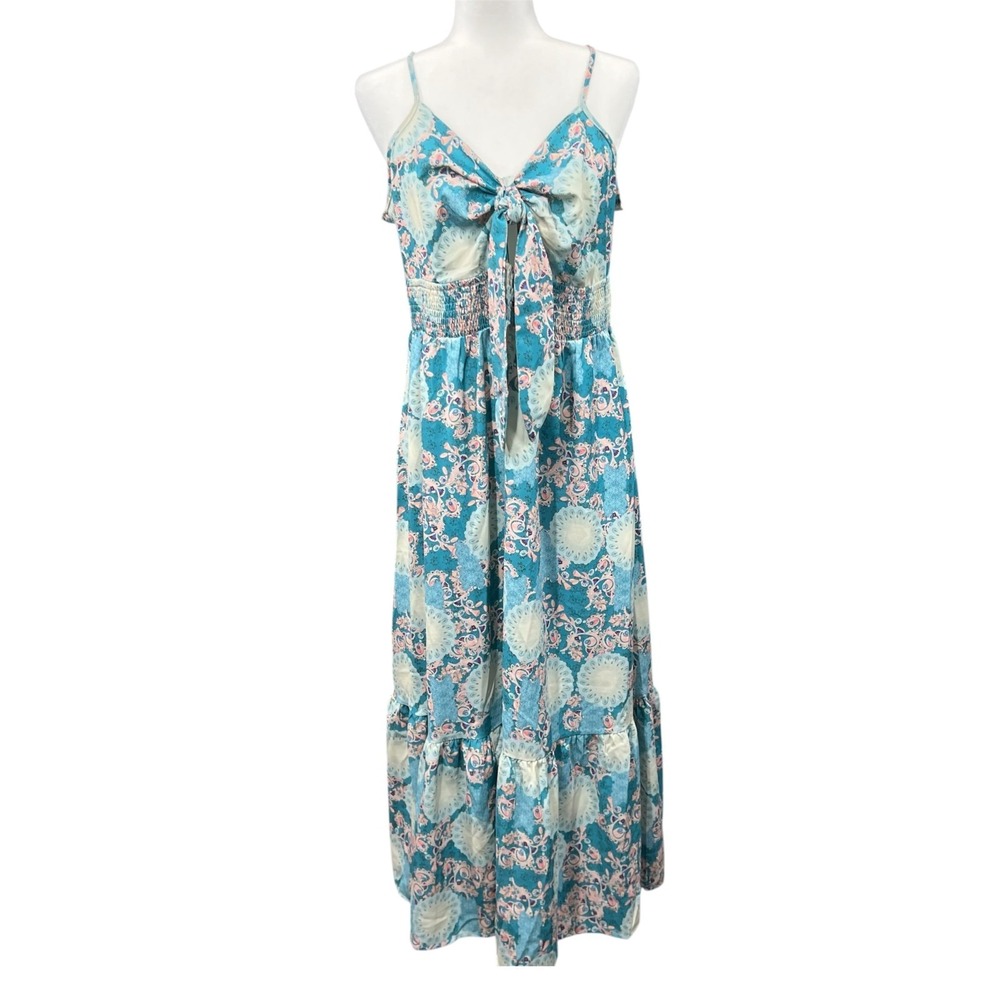 Grace Karin Womens XL Maxi Dress Blue Floral Tie Front Boho Beach Cottage Flowy
